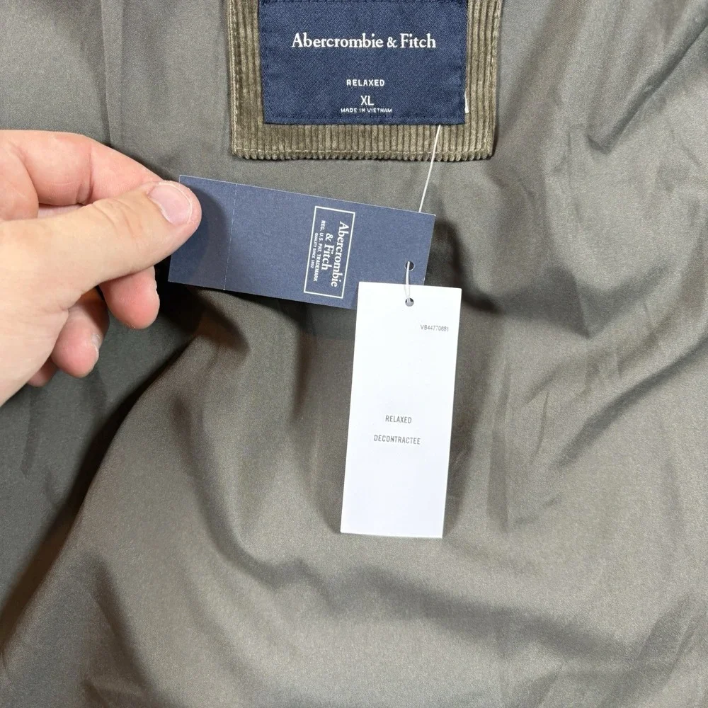 Abercrombie Fitch Corduroy Puffer Jacket Mens XL NWT Olive Brown Relaxed Coat